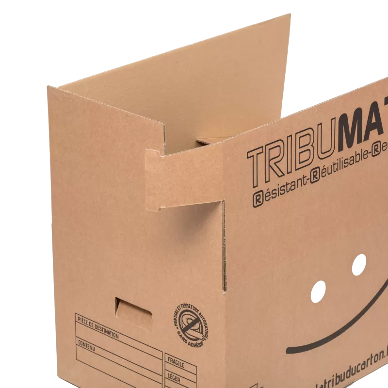 Grand carton automatique Tribumatic sans adhésif avec poignées.