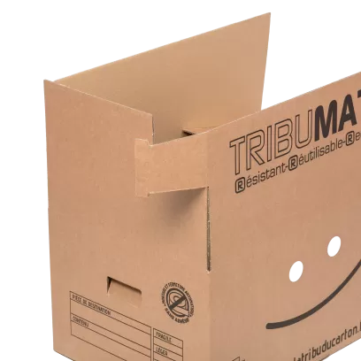 Grand carton automatique Tribumatic sans adhésif avec poignées.