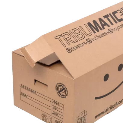 Grand carton automatique Tribumatic sans adhésif avec poignées.